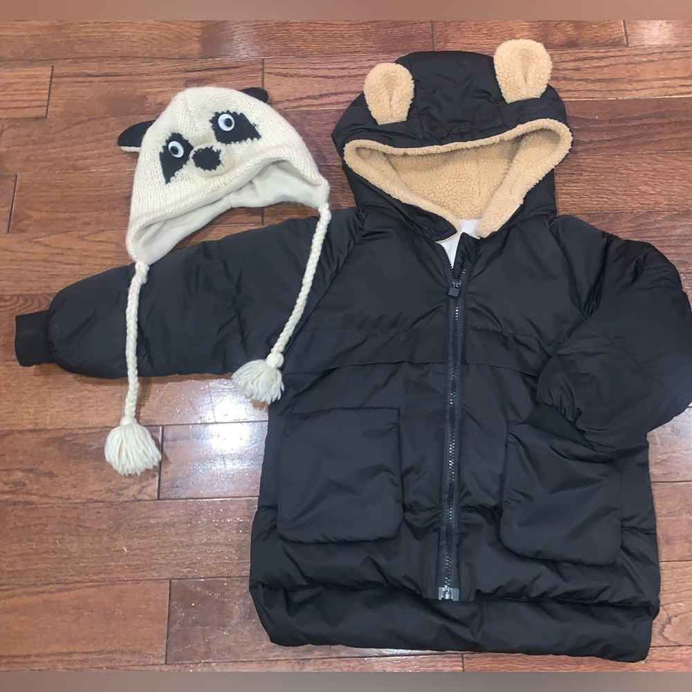 Kids 4–5T Black Puffer Coat + Wool Himalayan Knit Hat Set | Unisex Winter Bundle
